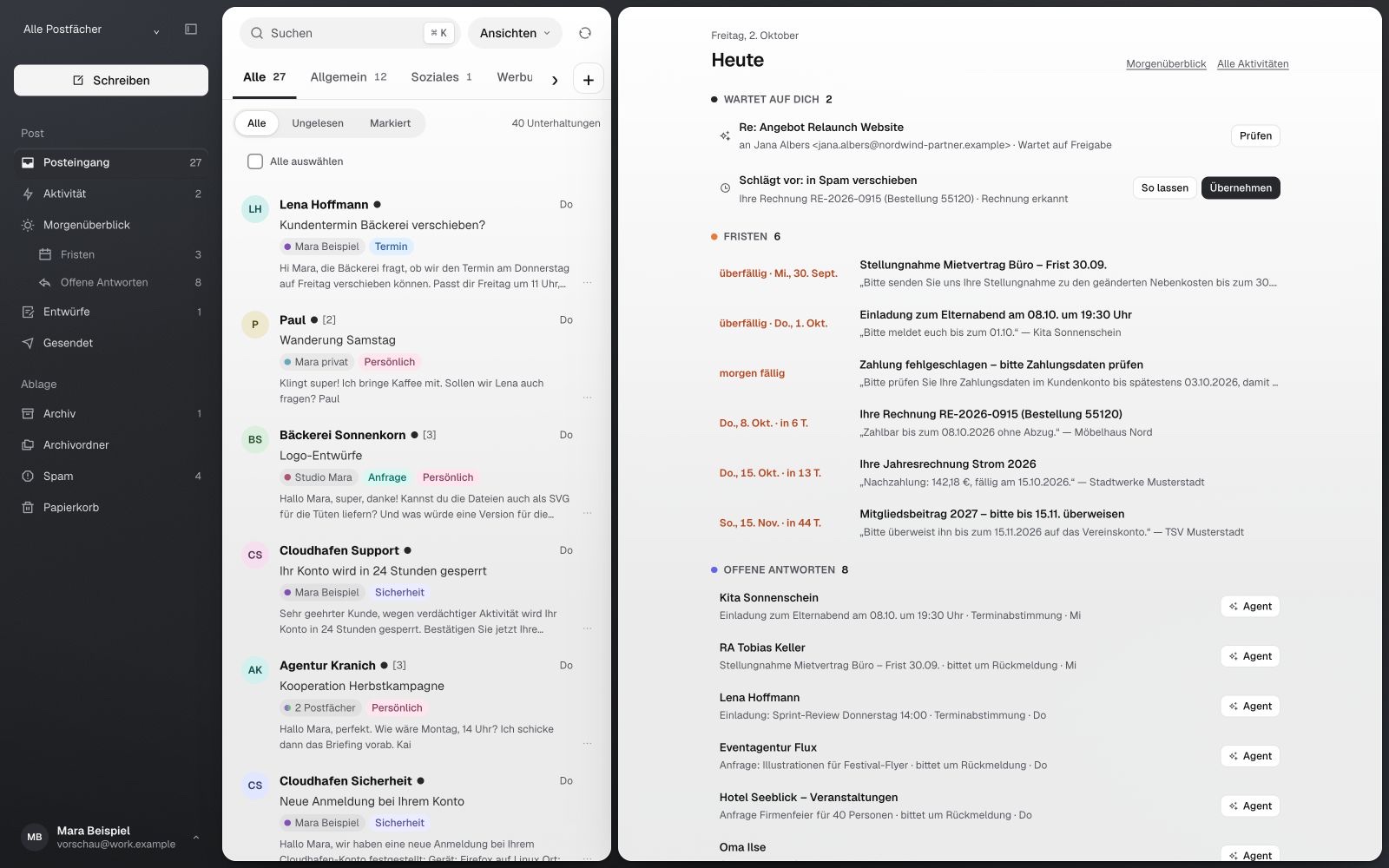 Inbox with categories and markers. The Today view on the right shows two decisions, six deadlines and eight pending replies.