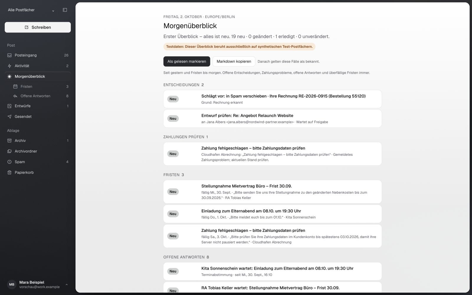 Morning brief with decisions and pending replies, each marked as new.