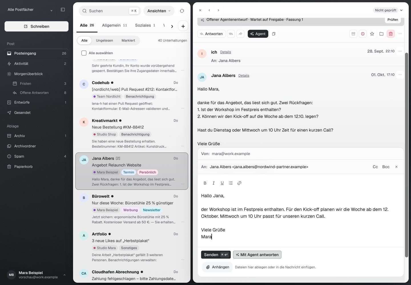 An open email from Jana with an editable reply in the composer.
